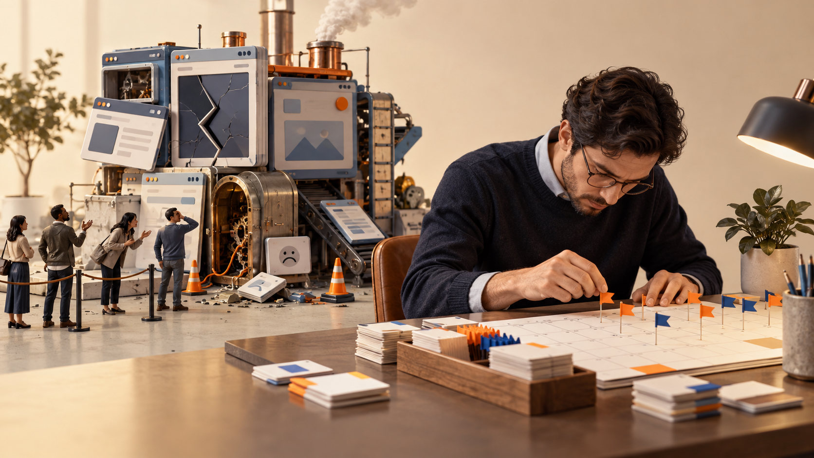 A man arranges flags on a calendar while people wait beside broken software screens.